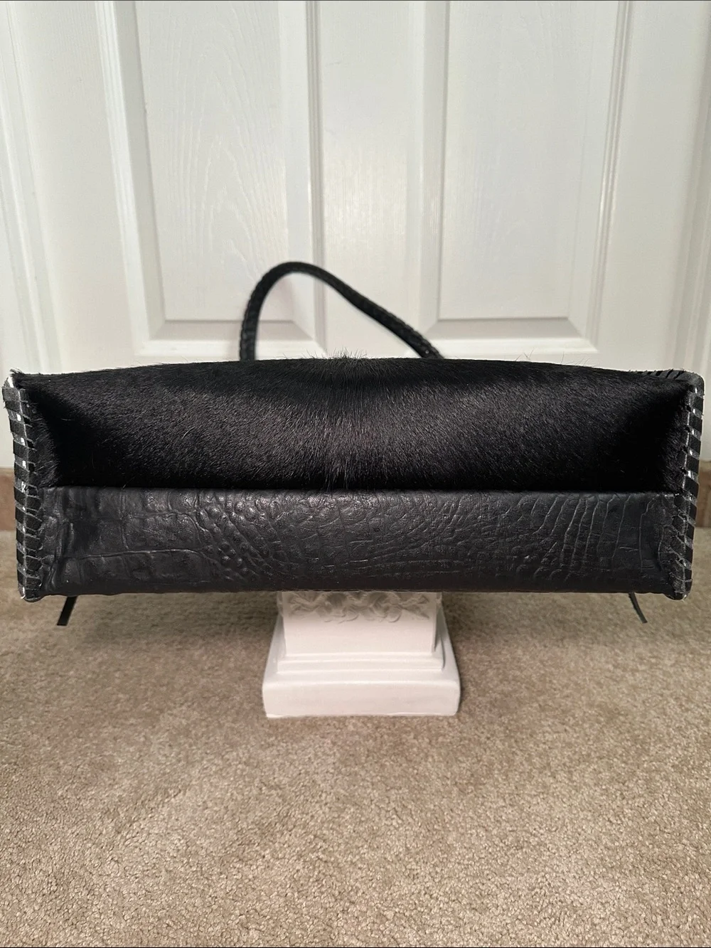 Structured Black Haircalf Tote with Braided Trim, black croc leather on opposite